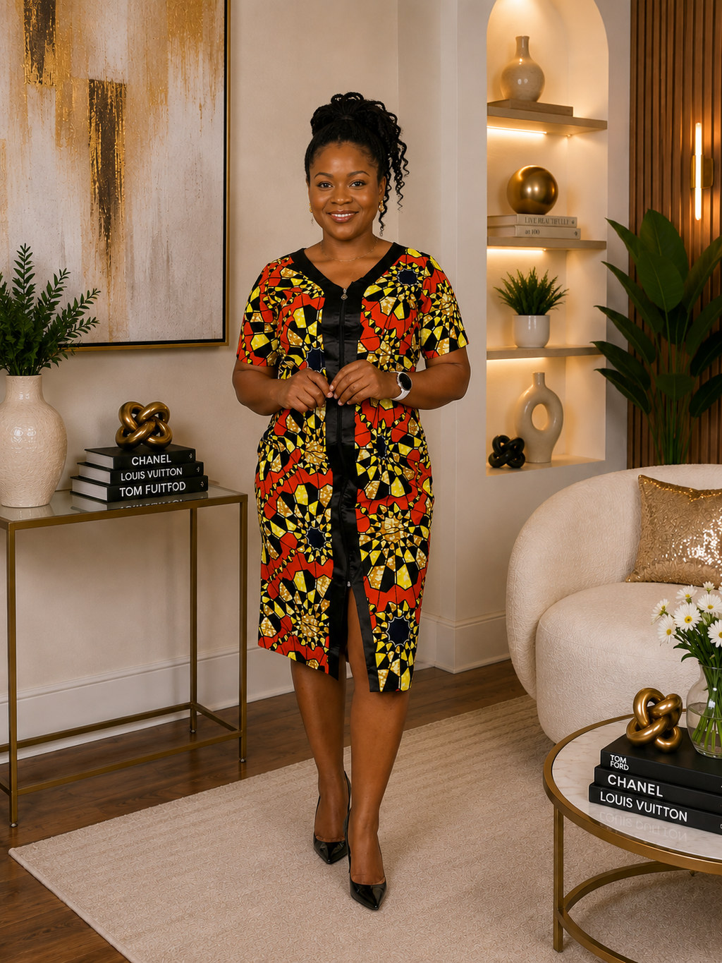 Ruby J’s Ankara Front-Zip Midi Dress