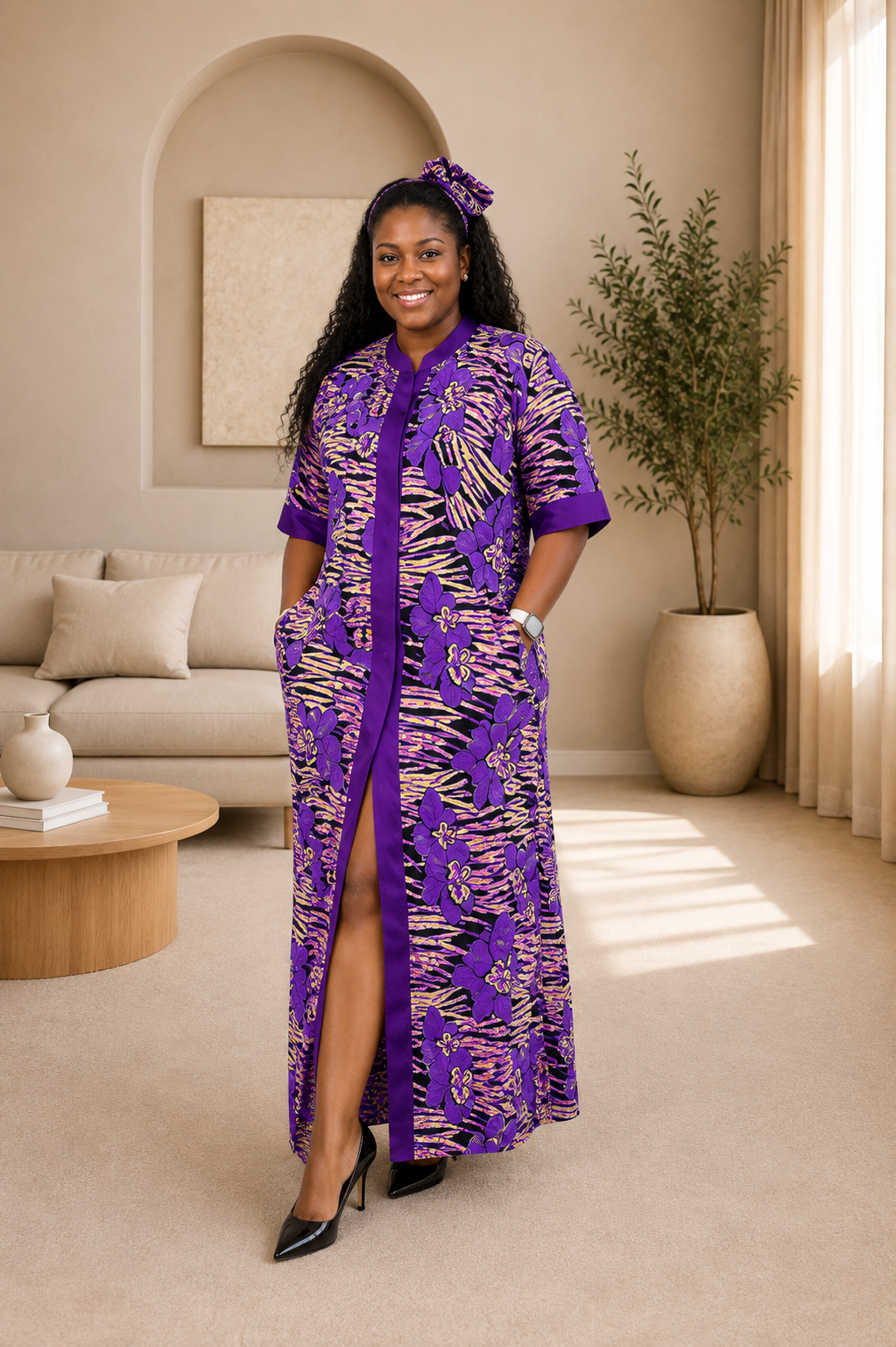 Ruby J’s Purple Floral Ankara Front-Opening Maxi Dress