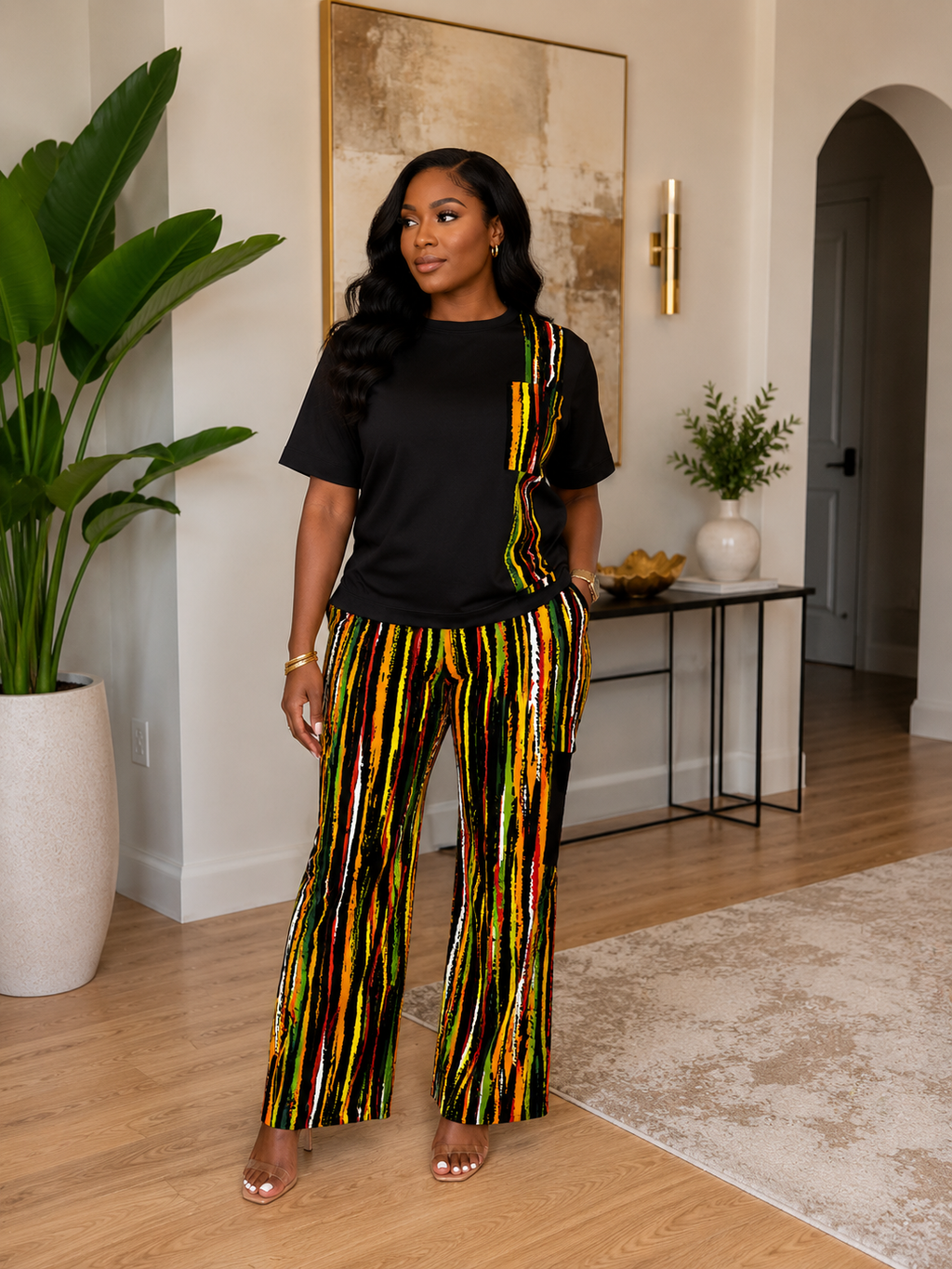 Ruby J’s Black Ankara Wide-Leg Pants Set