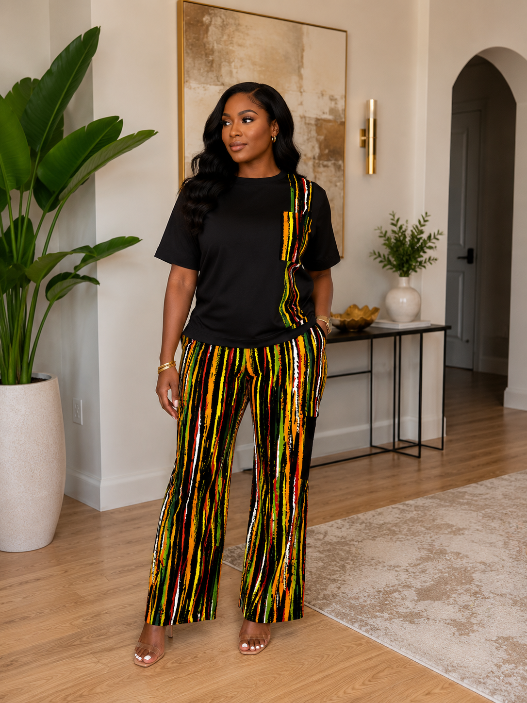 Ruby J’s Black Ankara Wide-Leg Pants Set