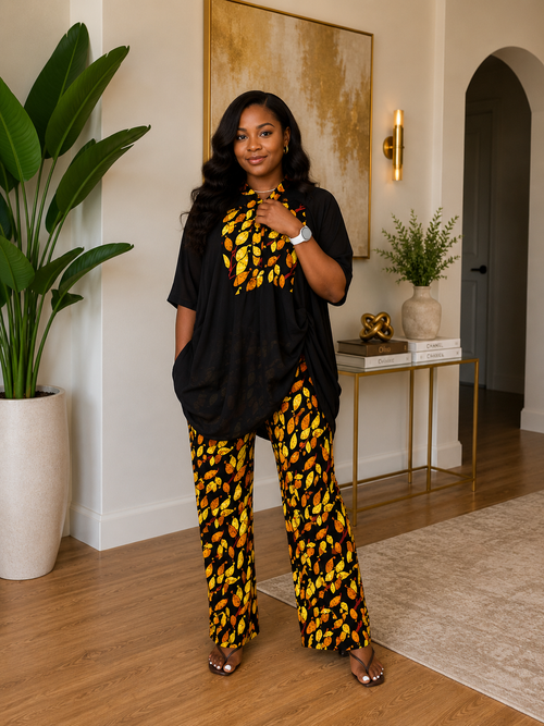Amara African Print Two-Piece Pant Set – Black & Gold