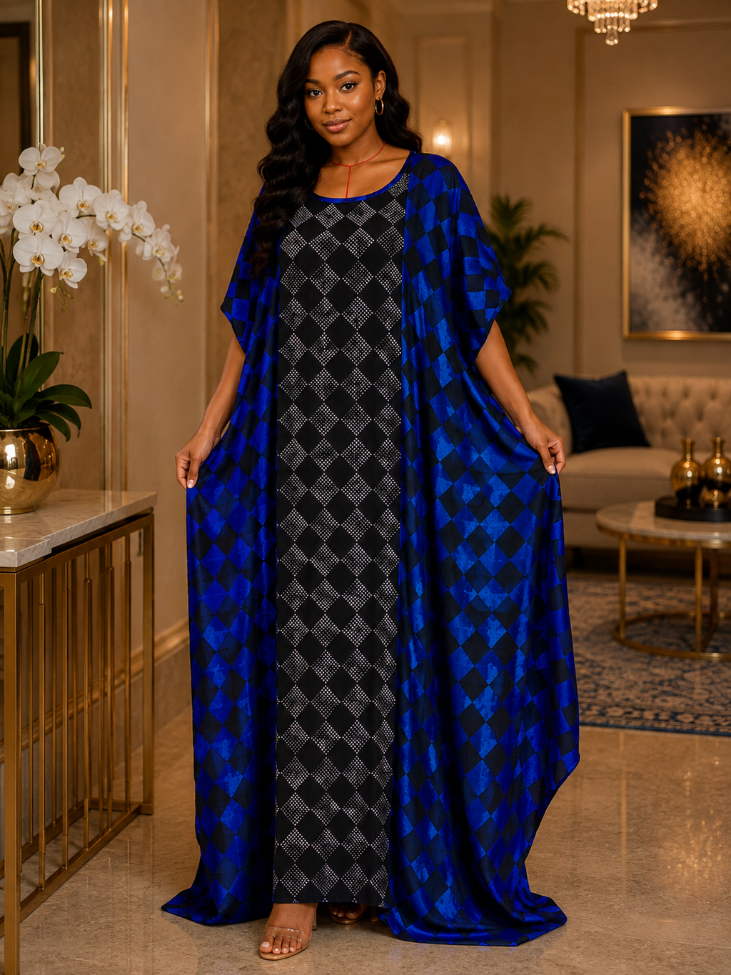 Diamond Check Lightweight Cotton Maxi Kaftan Dress