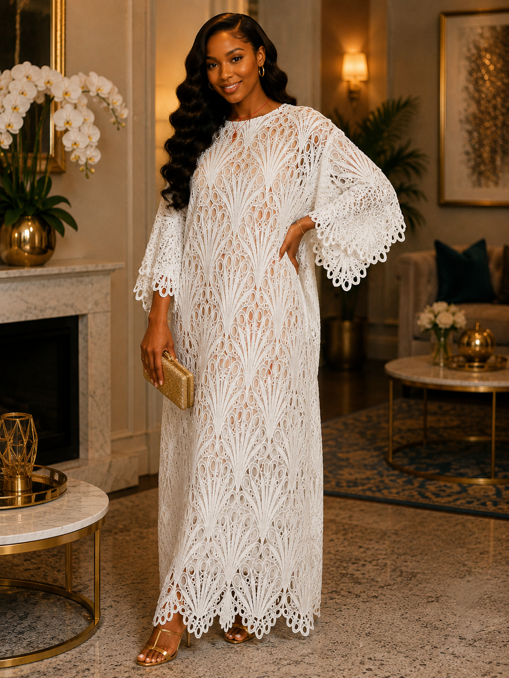 Ivory Elegance Eyelet Lace Maxi Dress