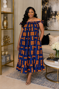 Kemi Blue & Orange Ankara Off-Shoulder Midi Dress