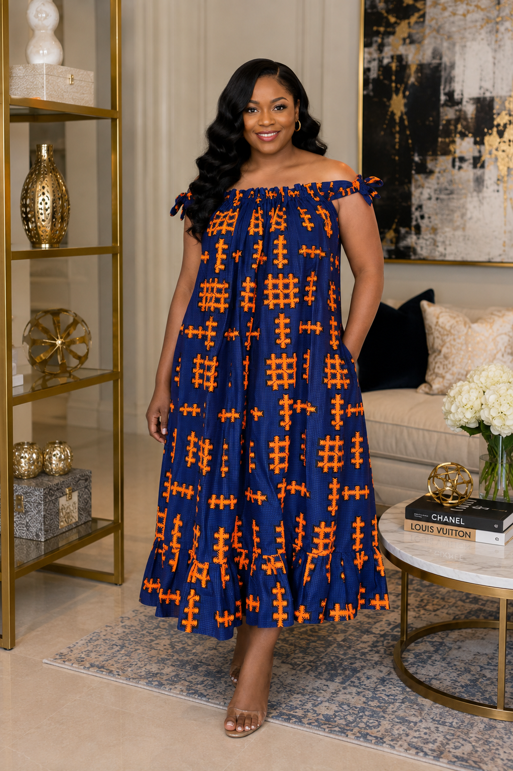Kemi Blue & Orange Ankara Off-Shoulder Midi Dress