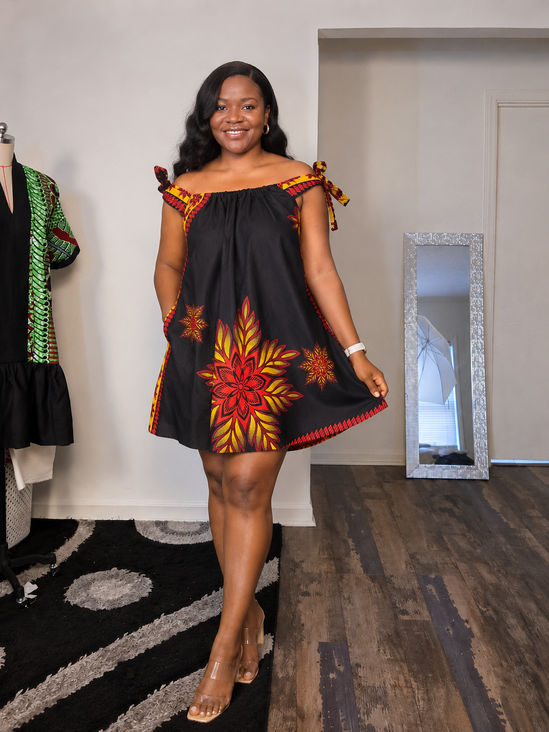 Black Floral Ankara Tie-Shoulder Swing Dress