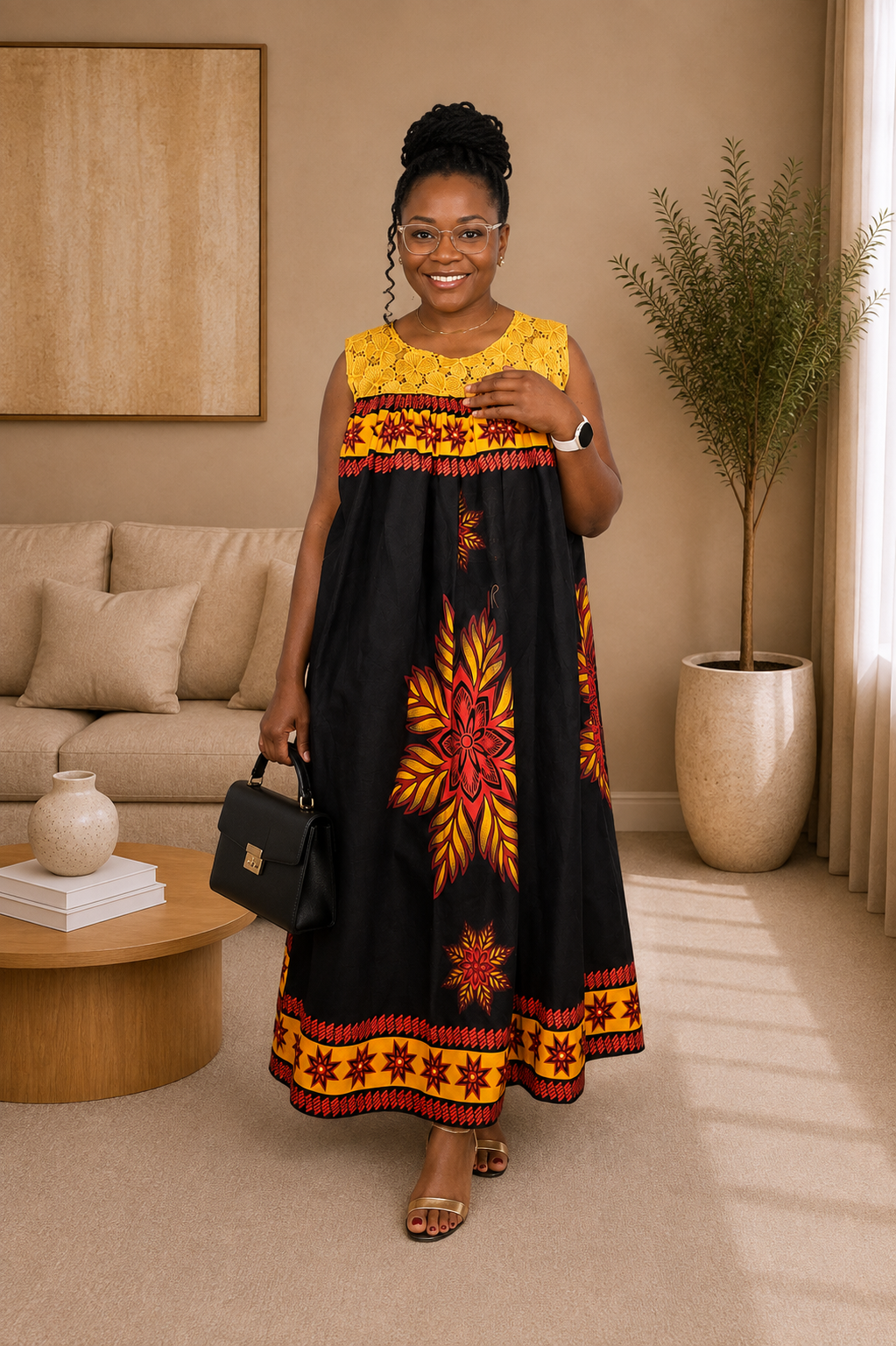 Ruby J’s Black & Gold Ankara Lace Maxi Dress