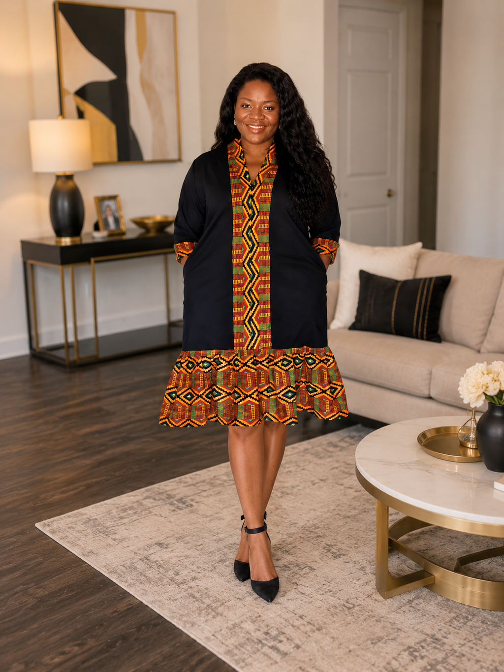 Ruby J’s Black Ankara Trim Midi Dress