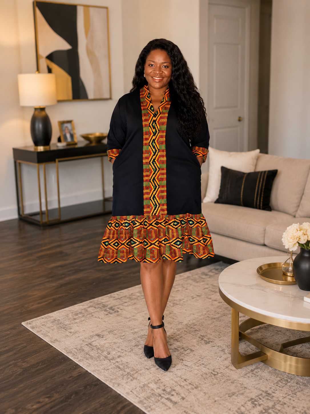 Ruby J’s Black Ankara Trim Midi Dress