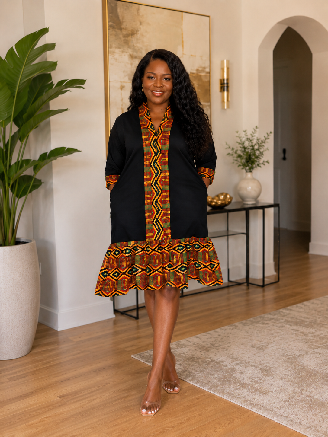 Ruby J’s Black Ankara Trim Midi Dress