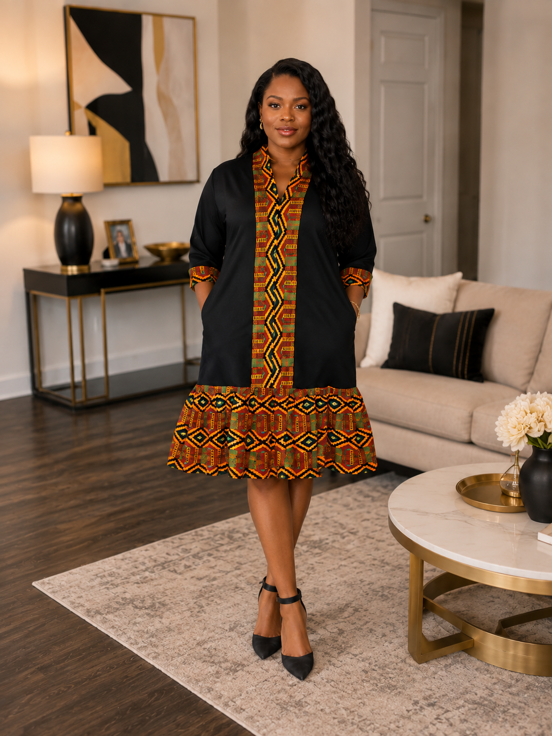 Ruby J’s Black Ankara Trim Midi Dress
