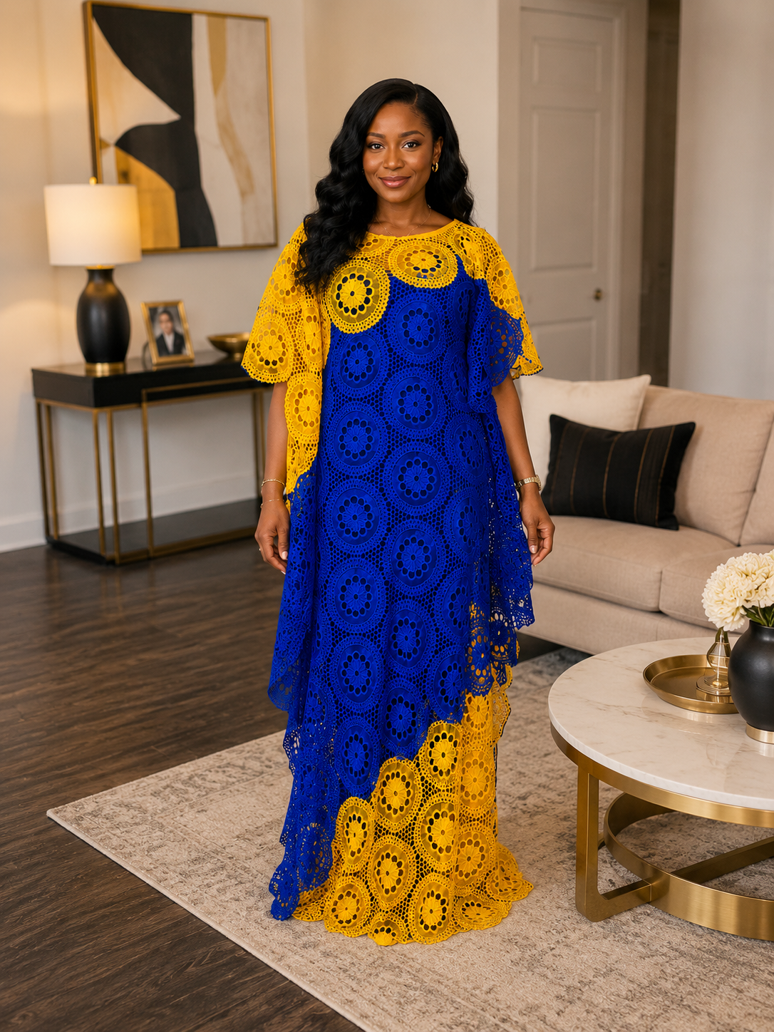 Elegant Two-Tone African Lace Maxi Kaftan Dress