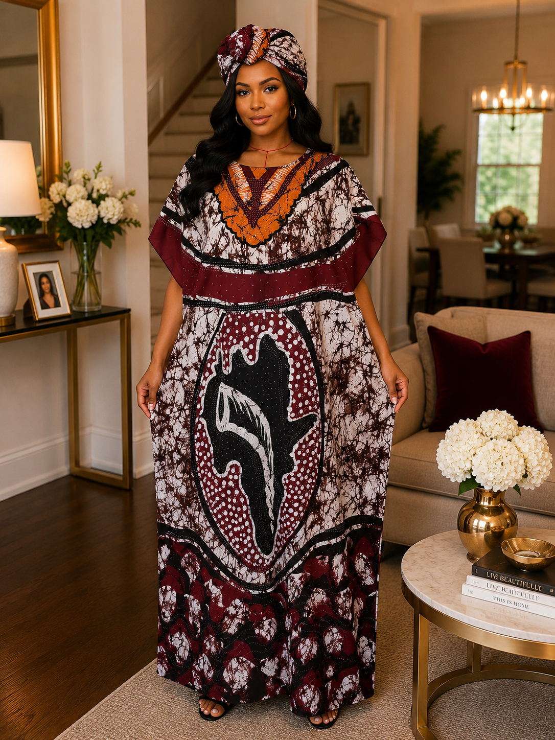 Heritage Flow Lightweight Cotton Maxi Kaftan with Headwrap
