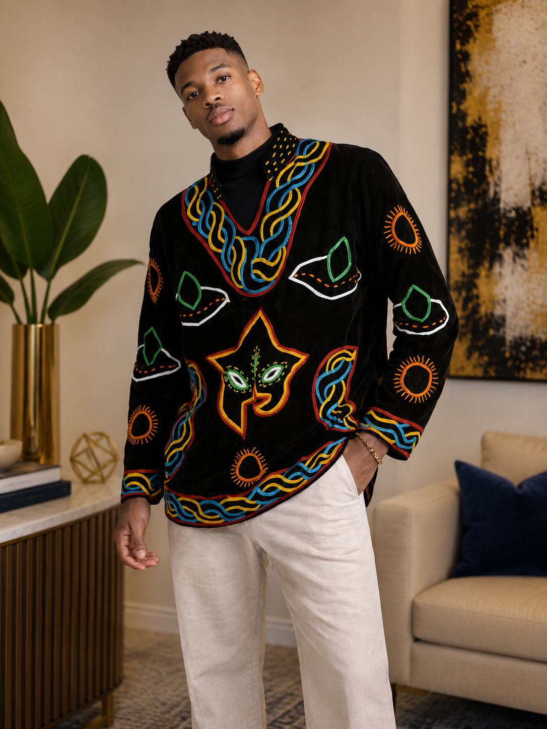 Bamenda Heritage Embroidered Men’s Top – Black
