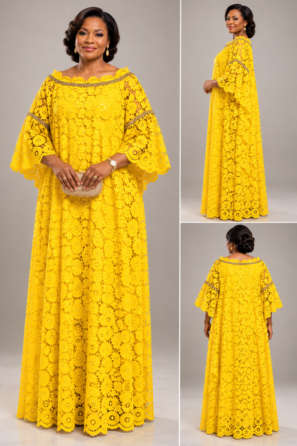 Yellow Lace Boubou with Gold Trim