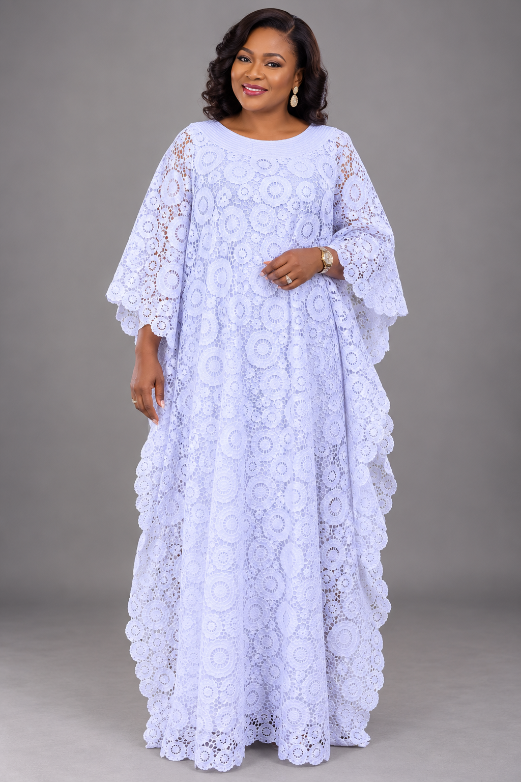 White Floral Lace Boubou Maxi Dress
