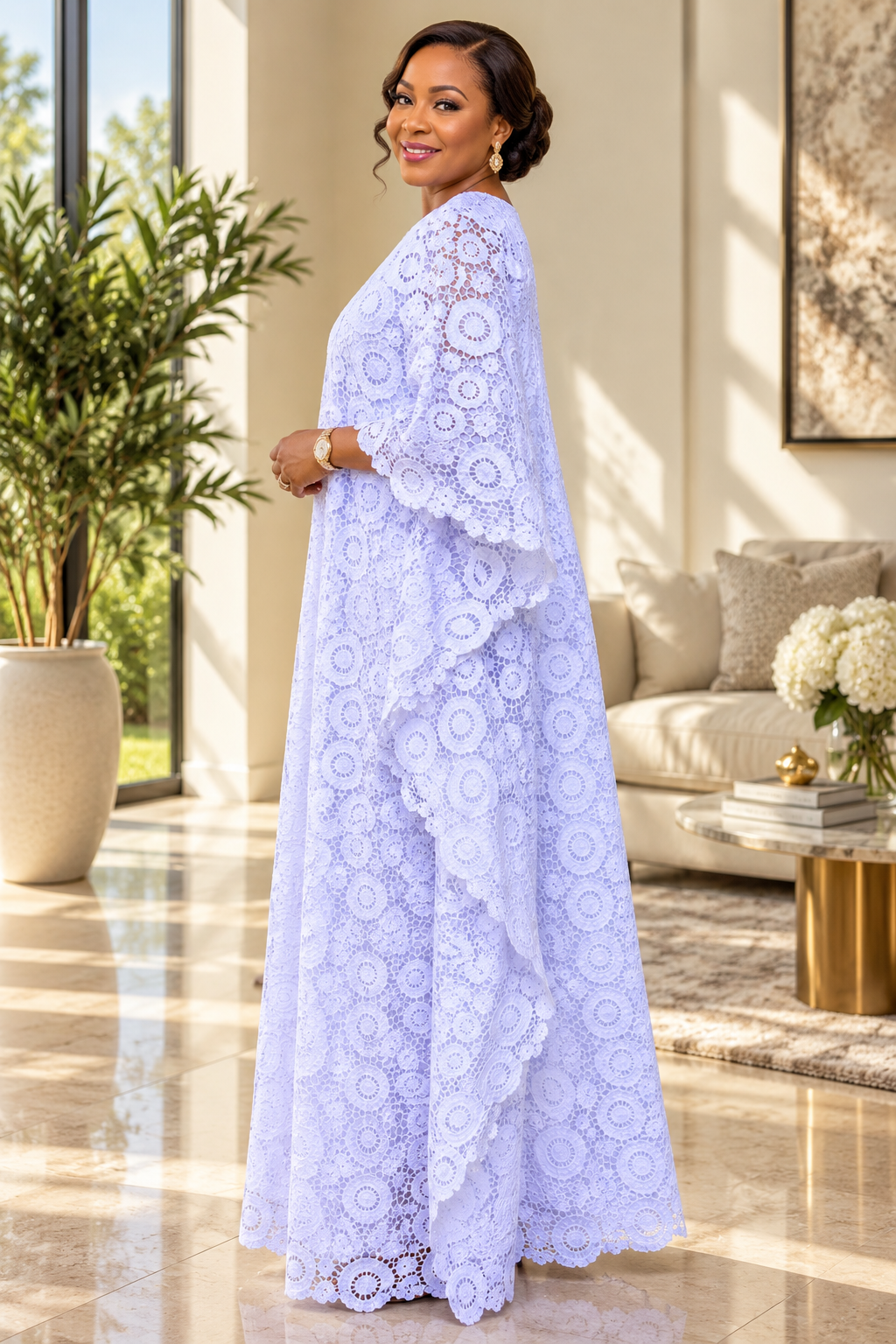 White Floral Lace Boubou Maxi Dress