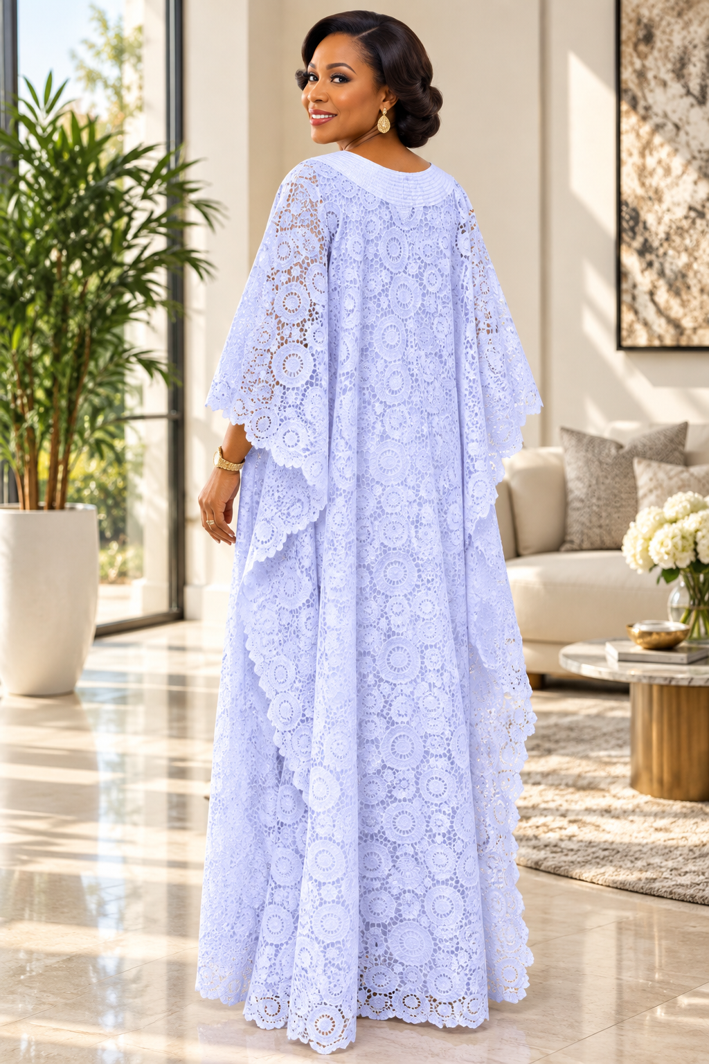 White Floral Lace Boubou Maxi Dress