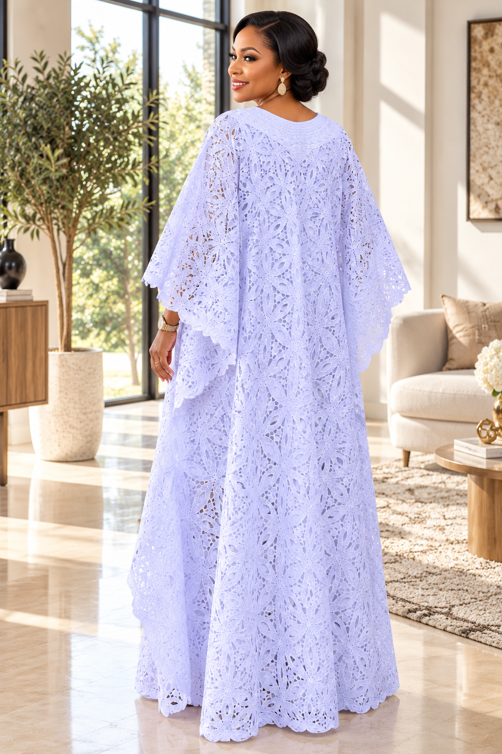 White Leaf Pattern Lace Boubou Maxi Dress