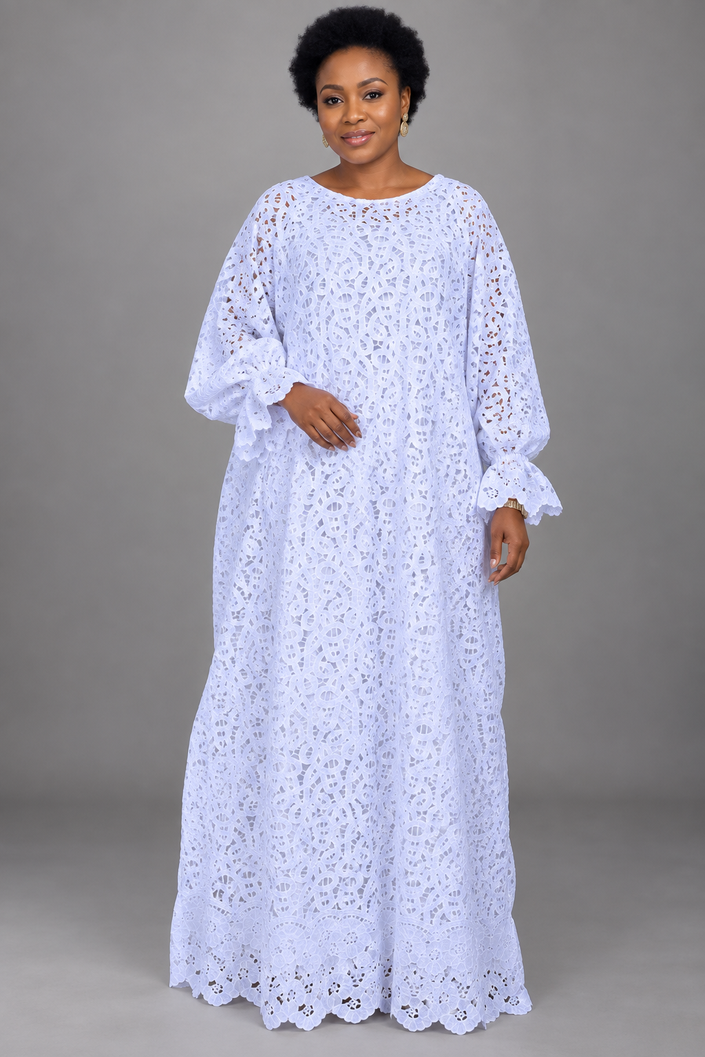 White Lace Boubou Maxi Dress with Ruffle Sleeves