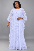White Floral Lace Boubou Maxi Dress with Scalloped Trim