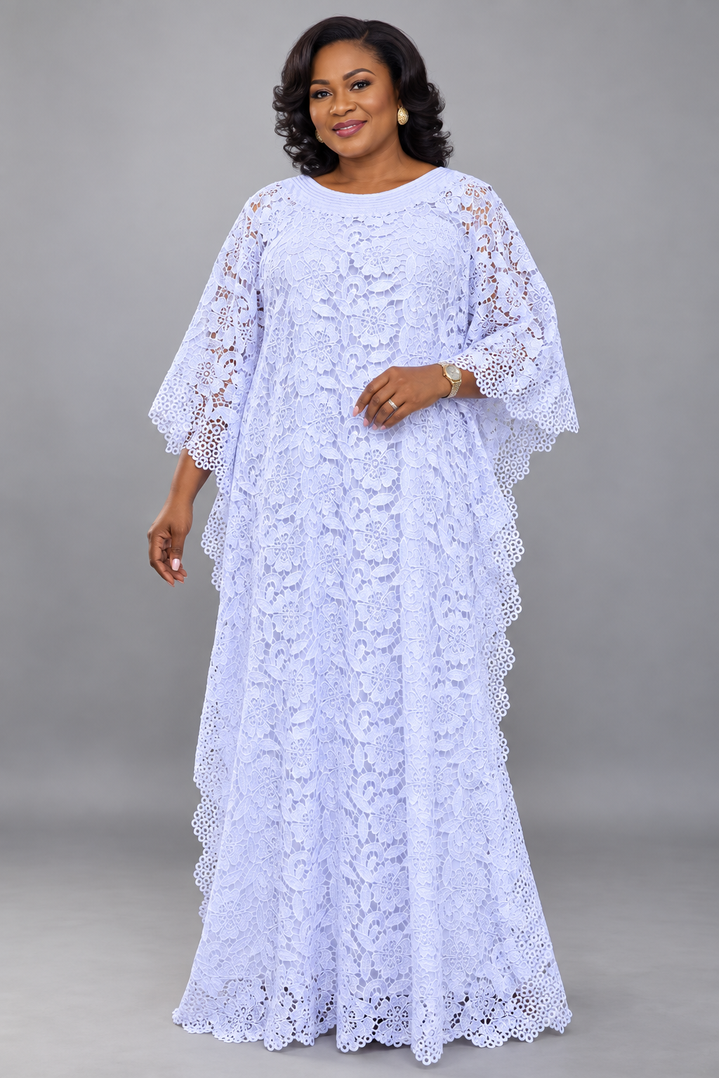 White Floral Lace Boubou Maxi Dress with Scalloped Trim