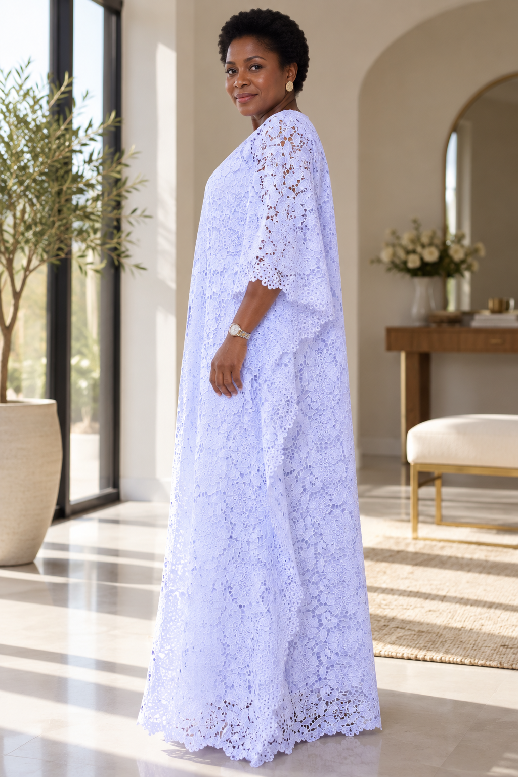 White Floral Lace Boubou Maxi Dress with Scalloped Trim