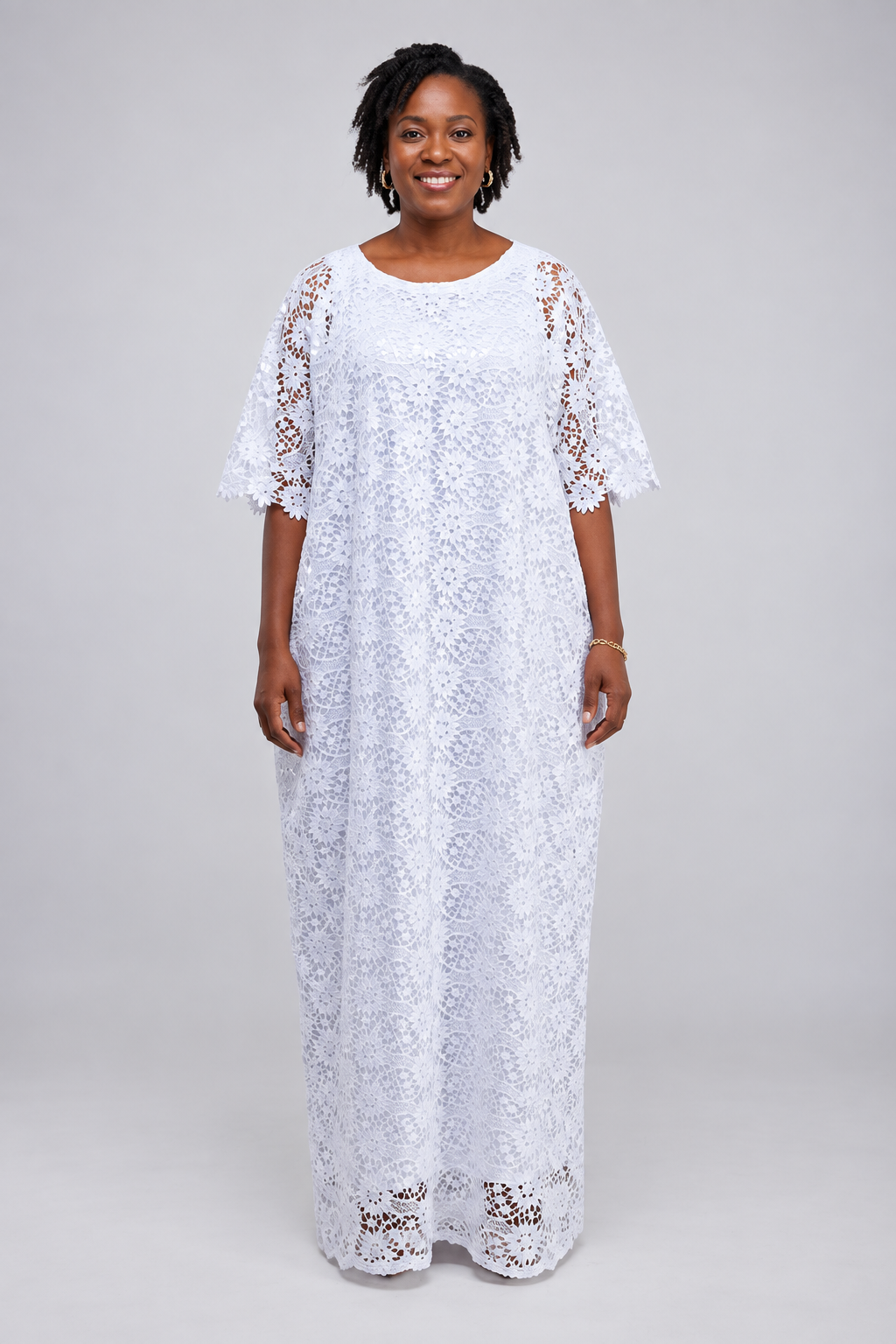 White Floral Lace Straight Boubou Maxi Dress