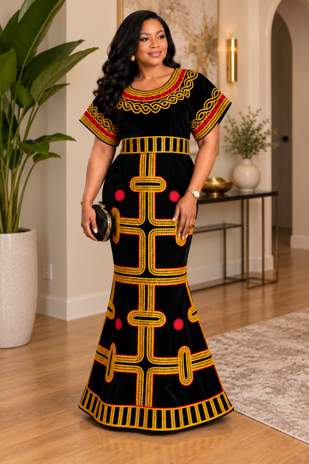 Cameroonian Toghu Mermaid Gown – Traditional Bamenda Cultural Velvet Embroidered Dress
