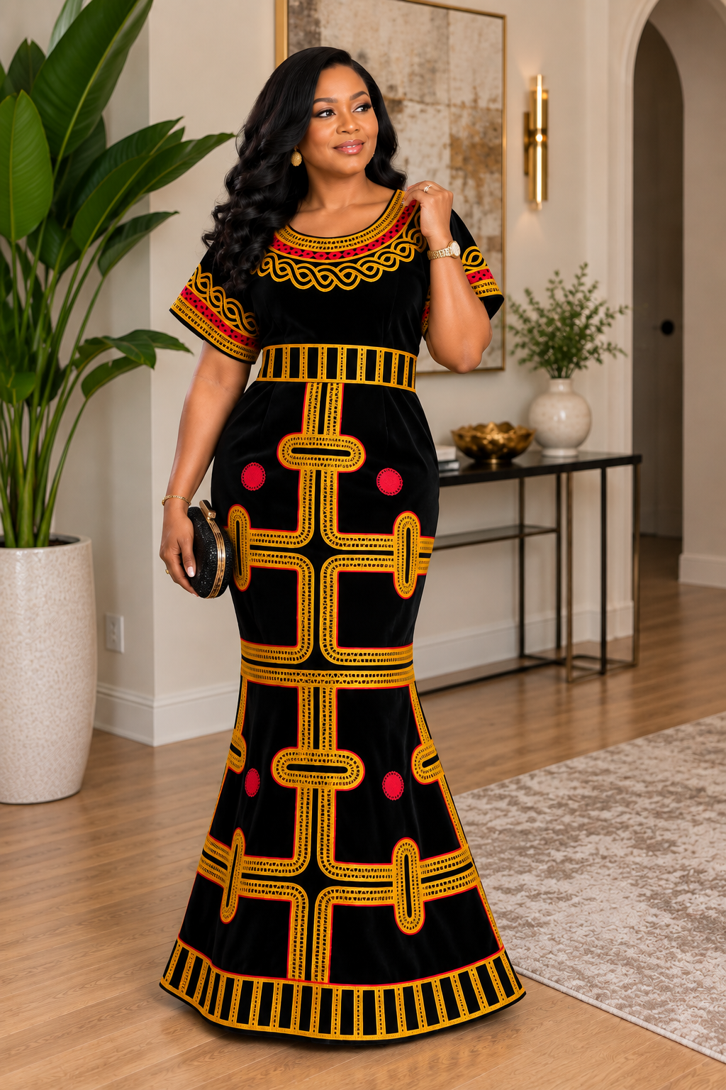 Cameroonian Toghu Mermaid Gown – Traditional Bamenda Cultural Velvet Embroidered Dress