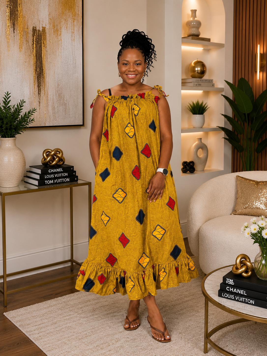 Ruby J’s Golden Ankara Ruffle Maxi Dress