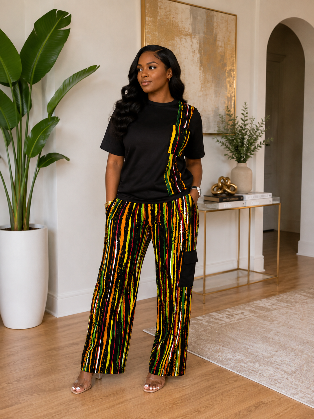 Ruby J’s Black Ankara Wide-Leg Pants Set