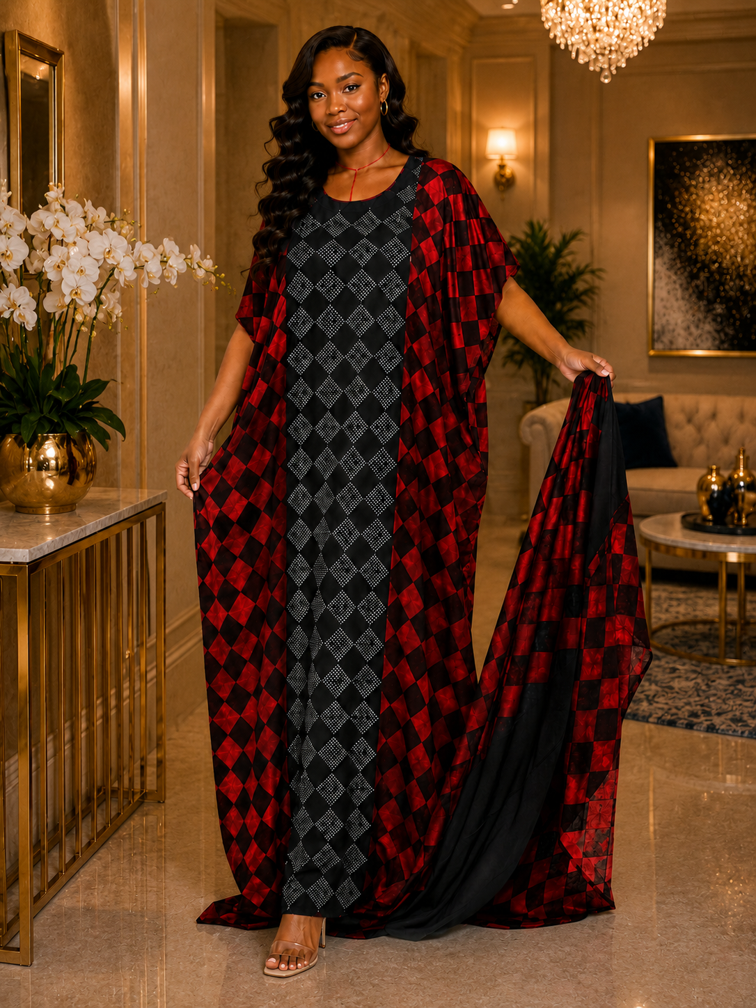 Diamond Check Lightweight Cotton Maxi Kaftan Dress