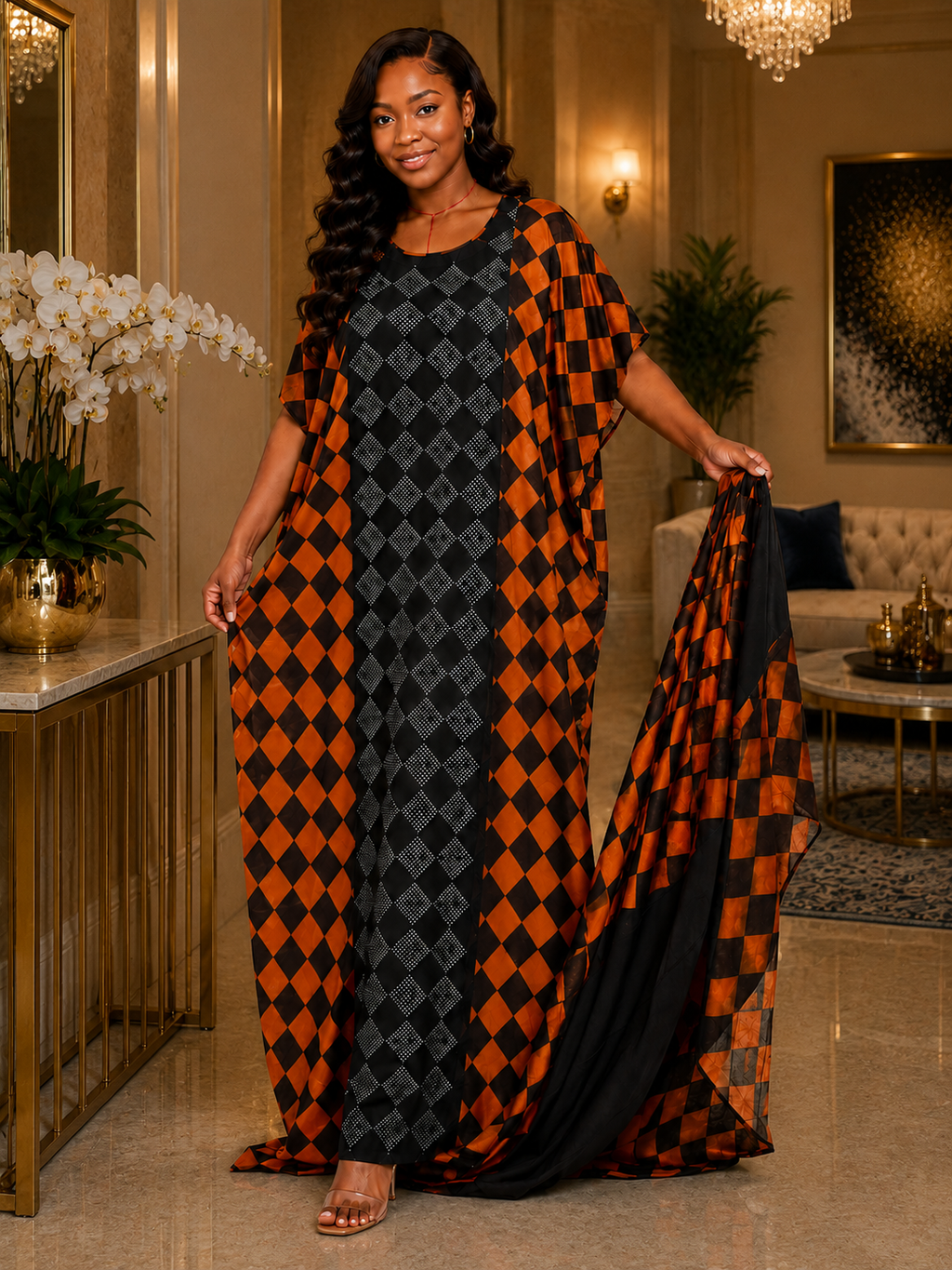 Diamond Check Lightweight Cotton Maxi Kaftan Dress
