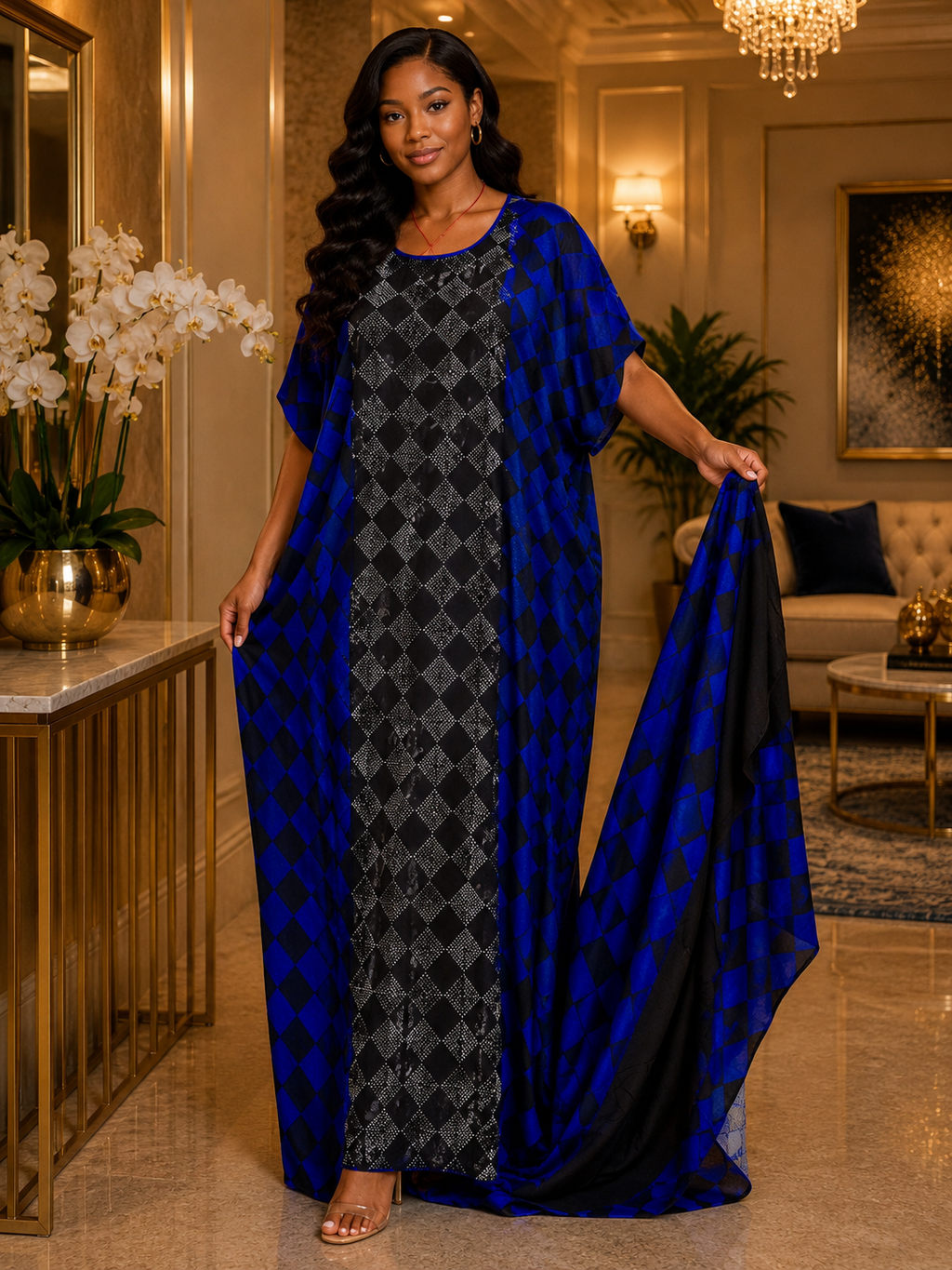 Diamond Check Lightweight Cotton Maxi Kaftan Dress