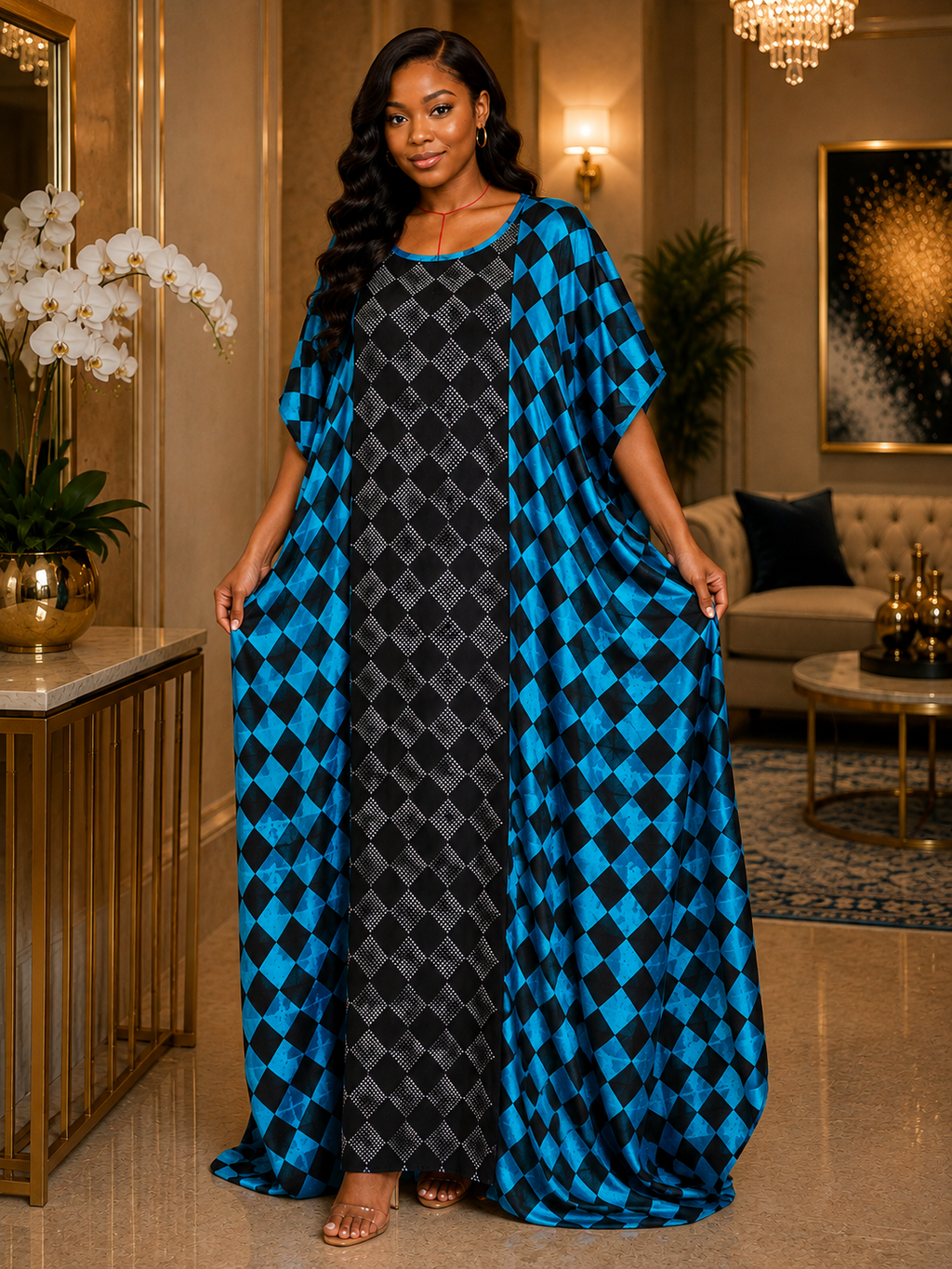 Diamond Check Lightweight Cotton Maxi Kaftan Dress