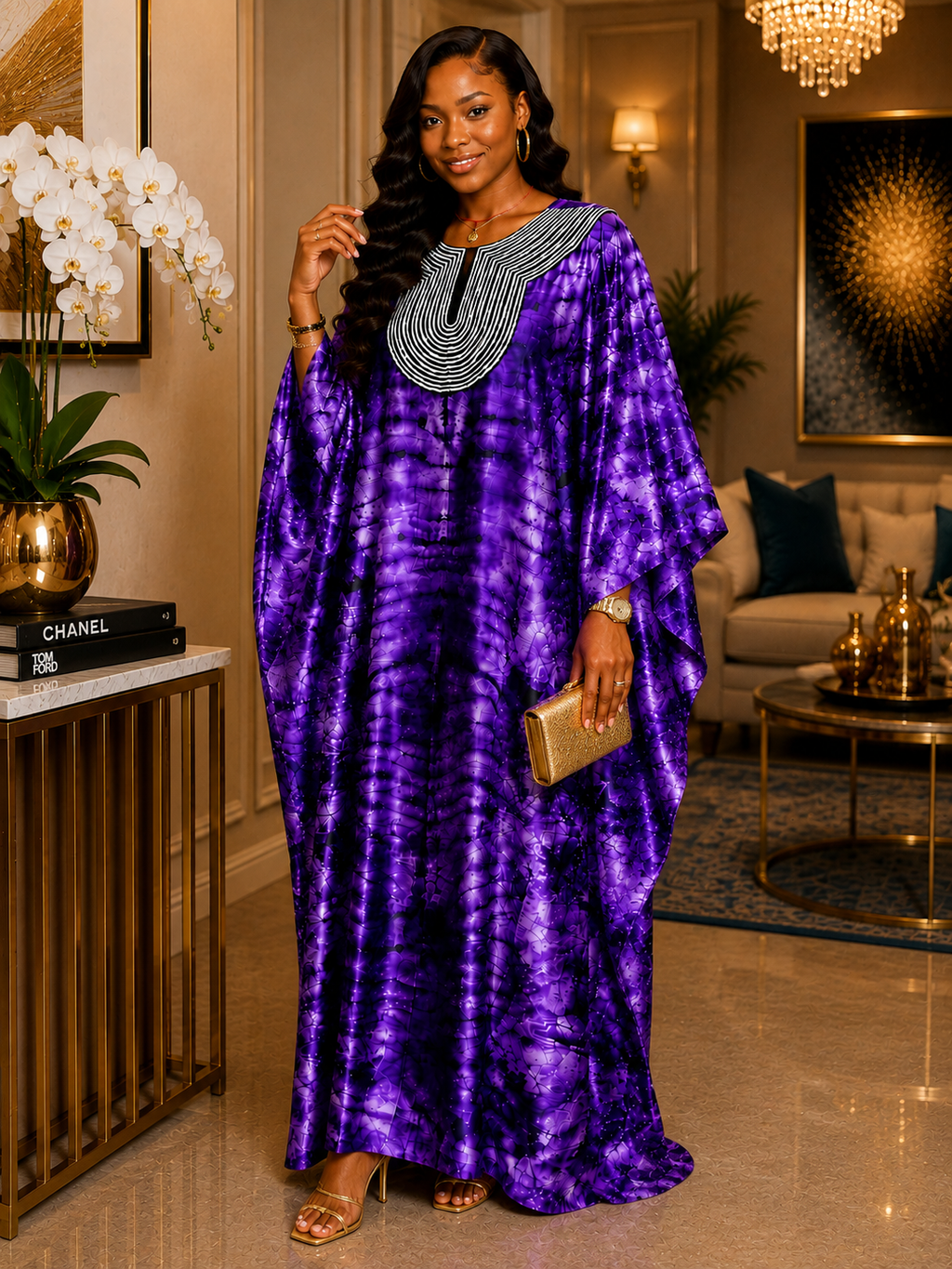 Purple Flowing Maxi Kaftan with Black & White Statement Neckline