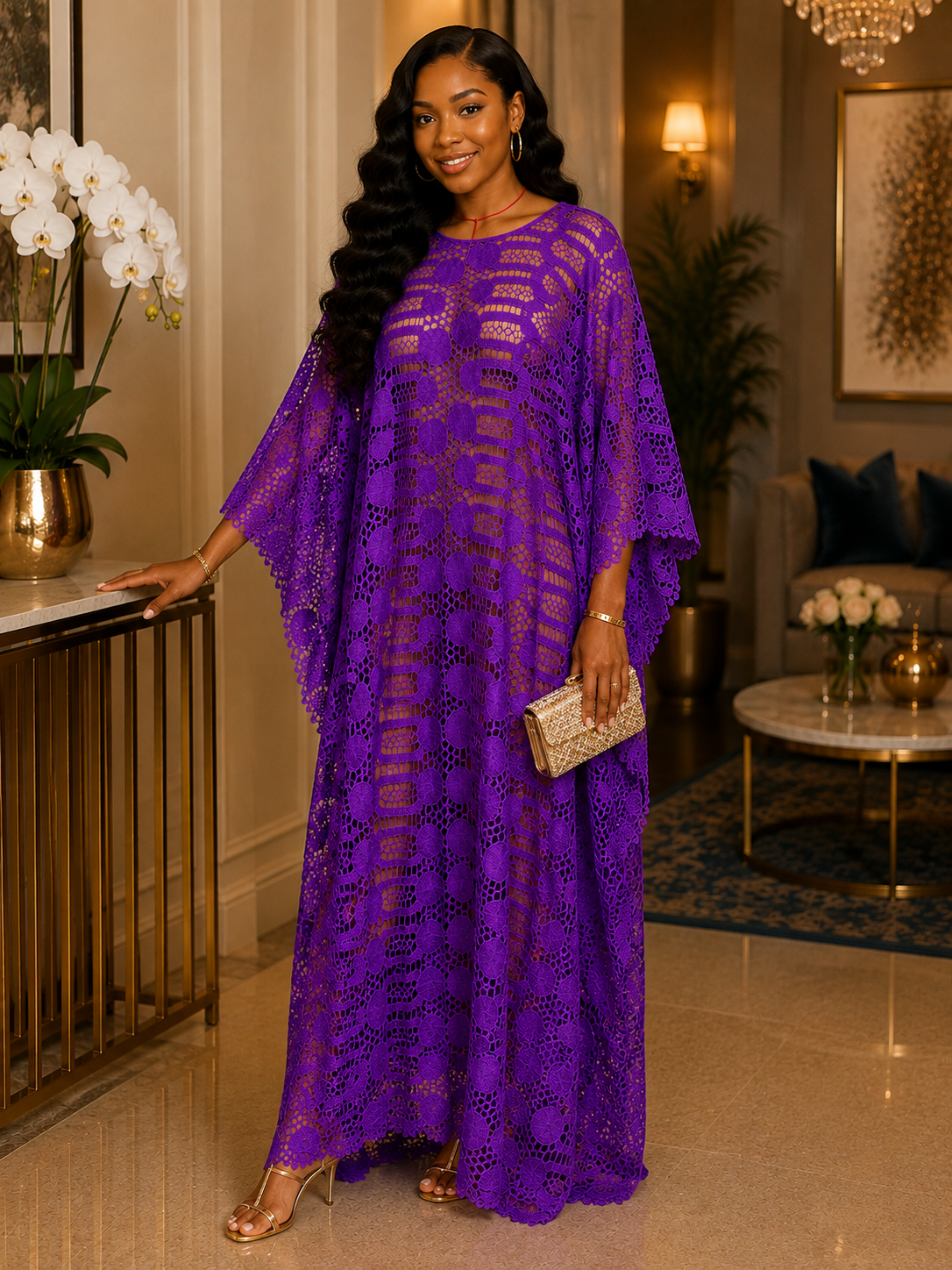 Amara Purple Crochet Lace Maxi Kaftan