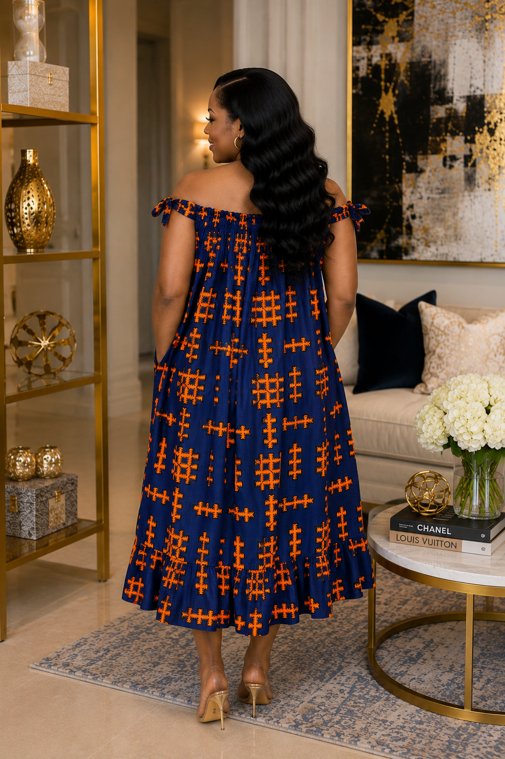 Kemi Blue & Orange Ankara Off-Shoulder Midi Dress