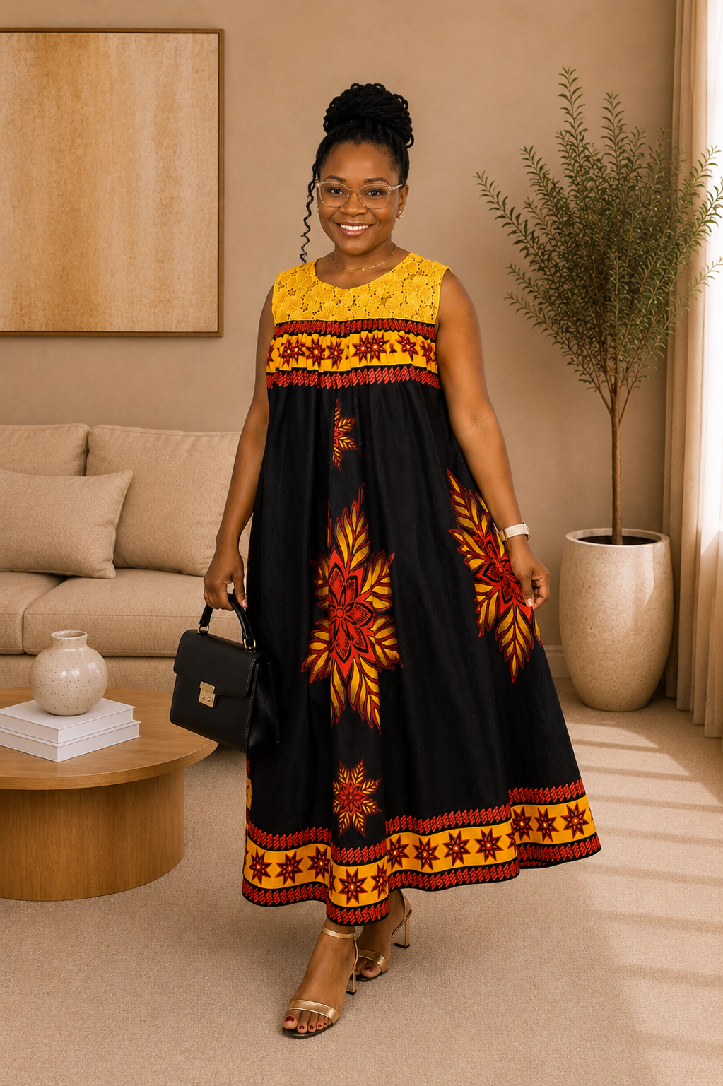 Ruby J’s Black & Gold Ankara Lace Maxi Dress