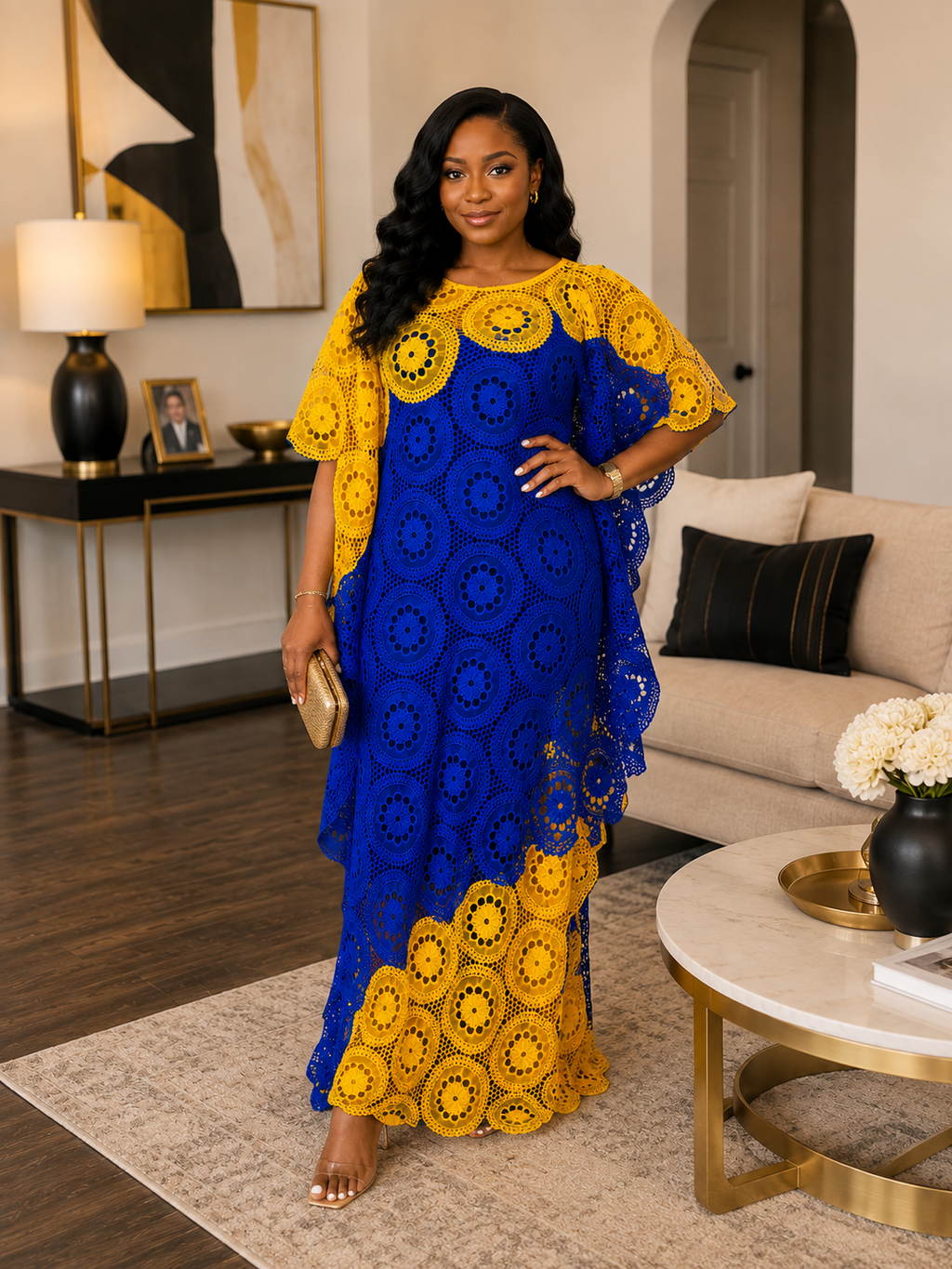 Elegant Two-Tone African Lace Maxi Kaftan Dress