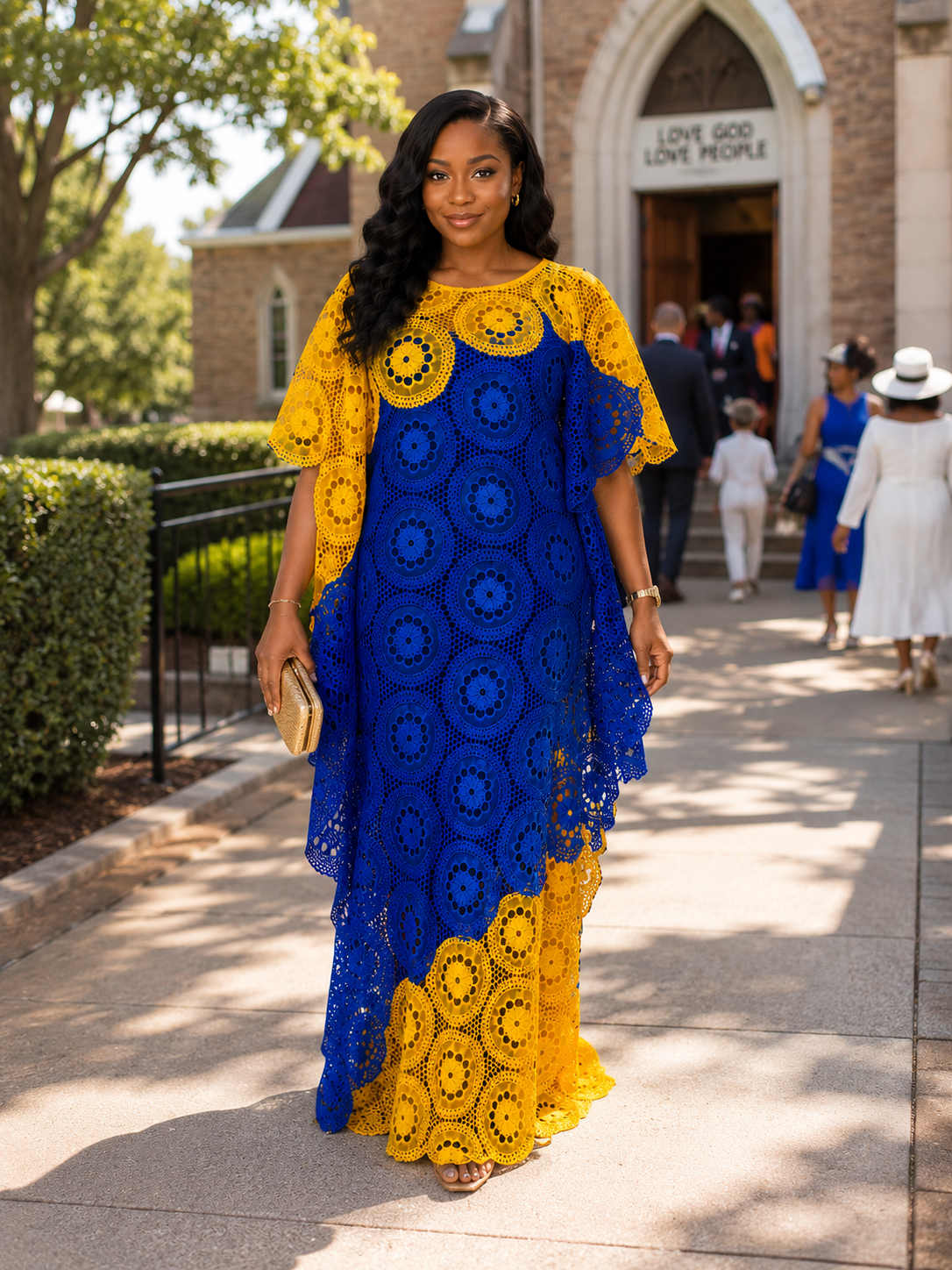 Elegant Two-Tone African Lace Maxi Kaftan Dress