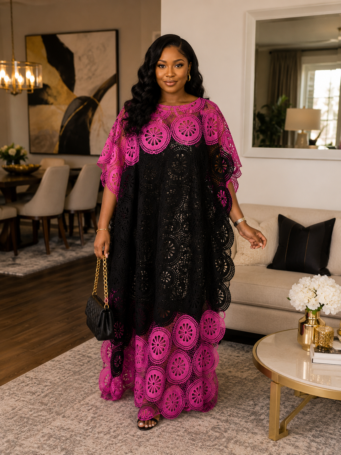 Elegant Two-Tone African Lace Maxi Kaftan Dress
