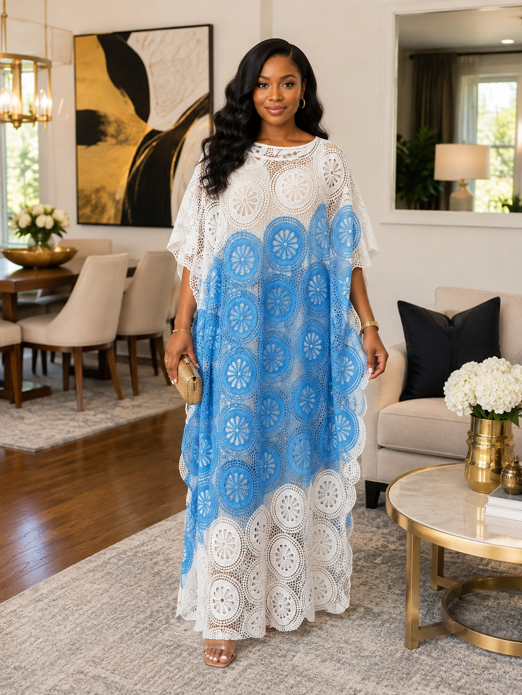 Elegant Two-Tone African Lace Maxi Kaftan Dress