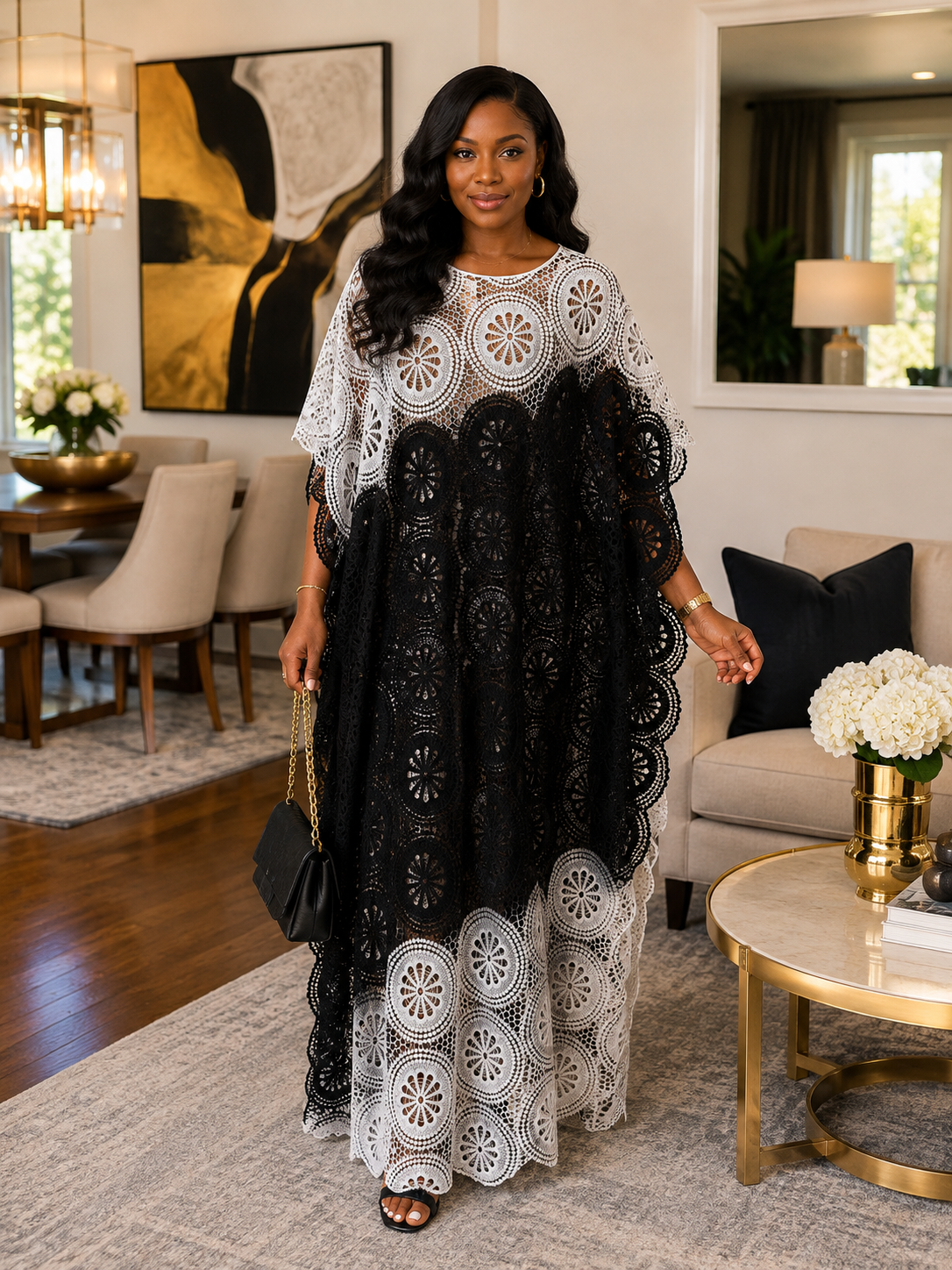 Elegant Two-Tone African Lace Maxi Kaftan Dress