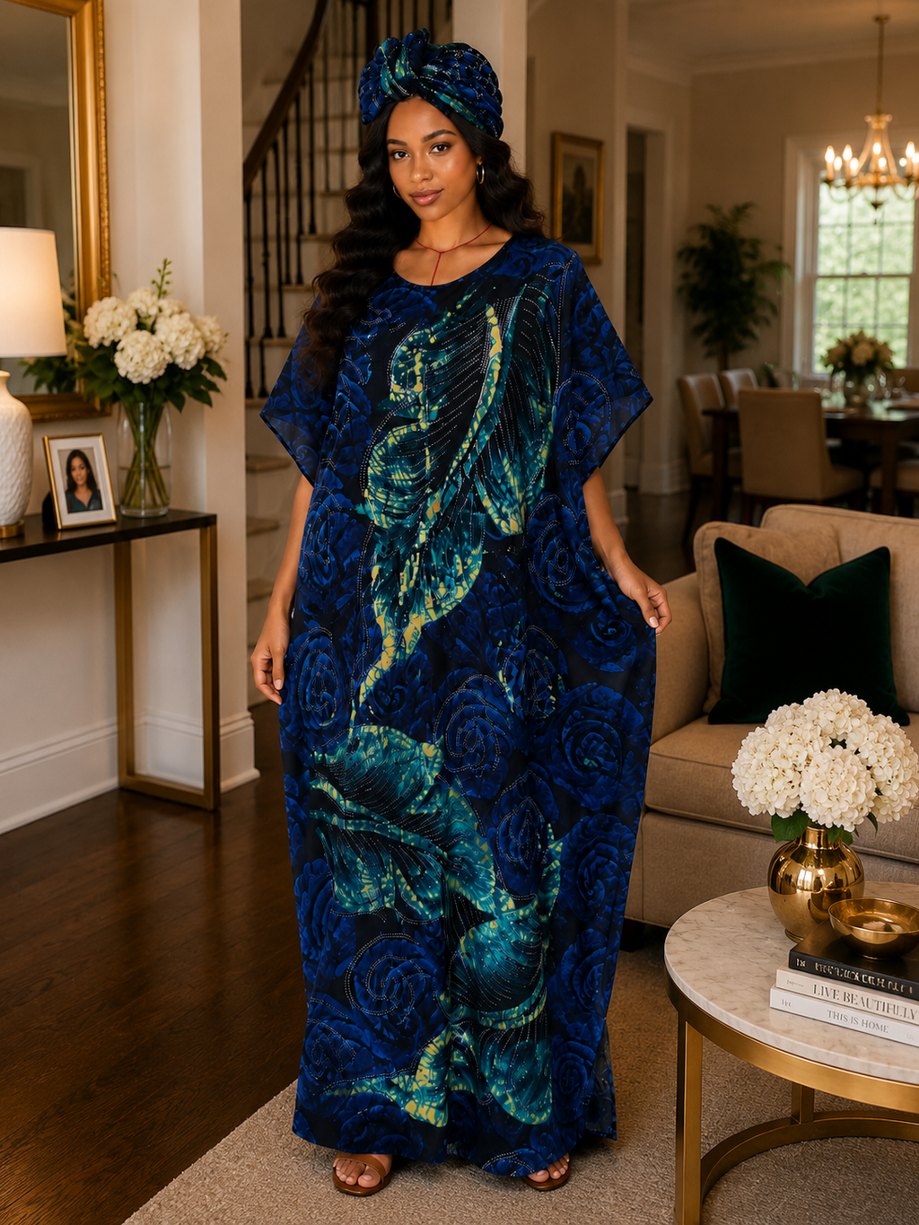 Heritage Flow Lightweight Cotton Maxi Kaftan with Headwrap