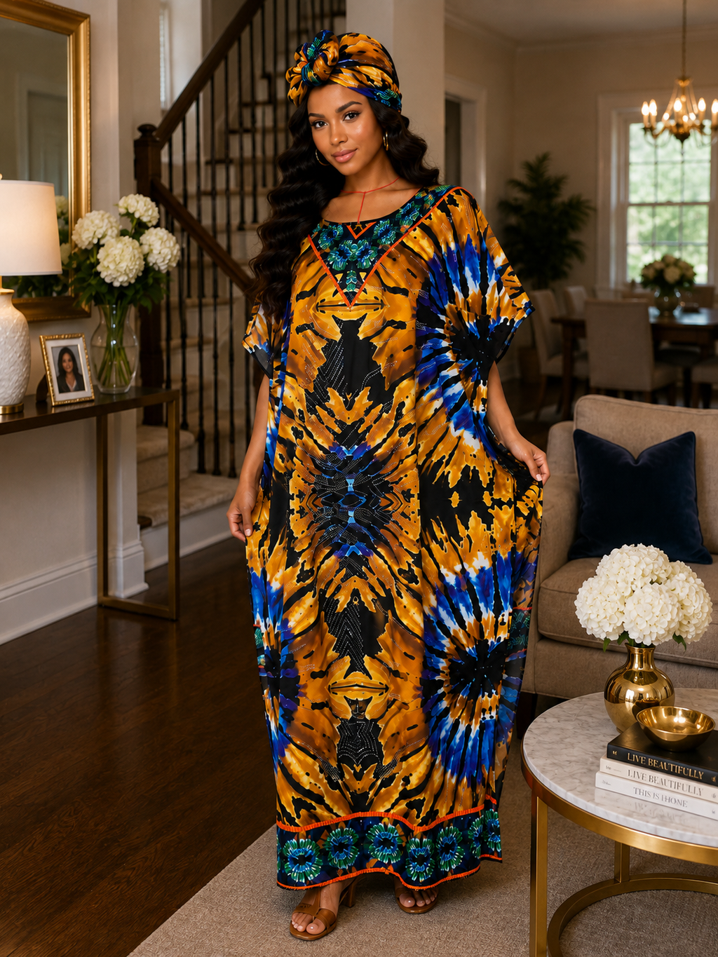 Heritage Flow Lightweight Cotton Maxi Kaftan with Headwrap
