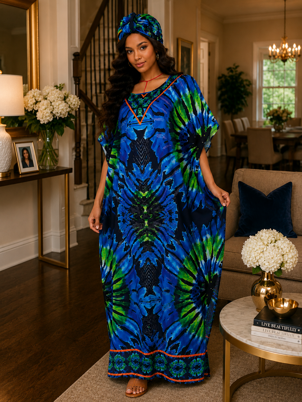 Heritage Flow Lightweight Cotton Maxi Kaftan with Headwrap