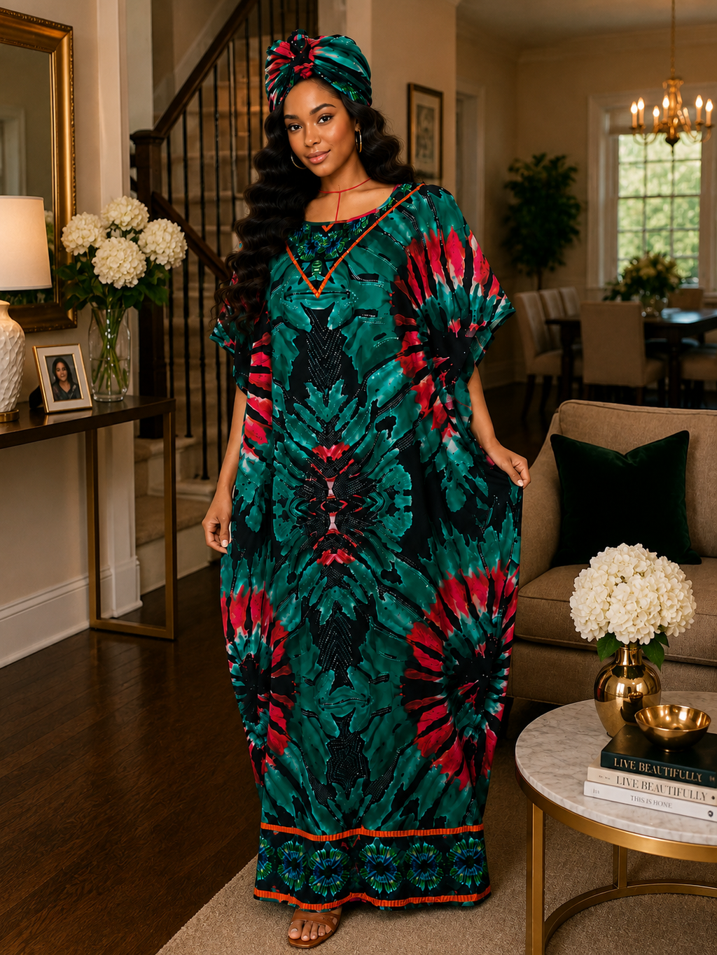 Heritage Flow Lightweight Cotton Maxi Kaftan with Headwrap
