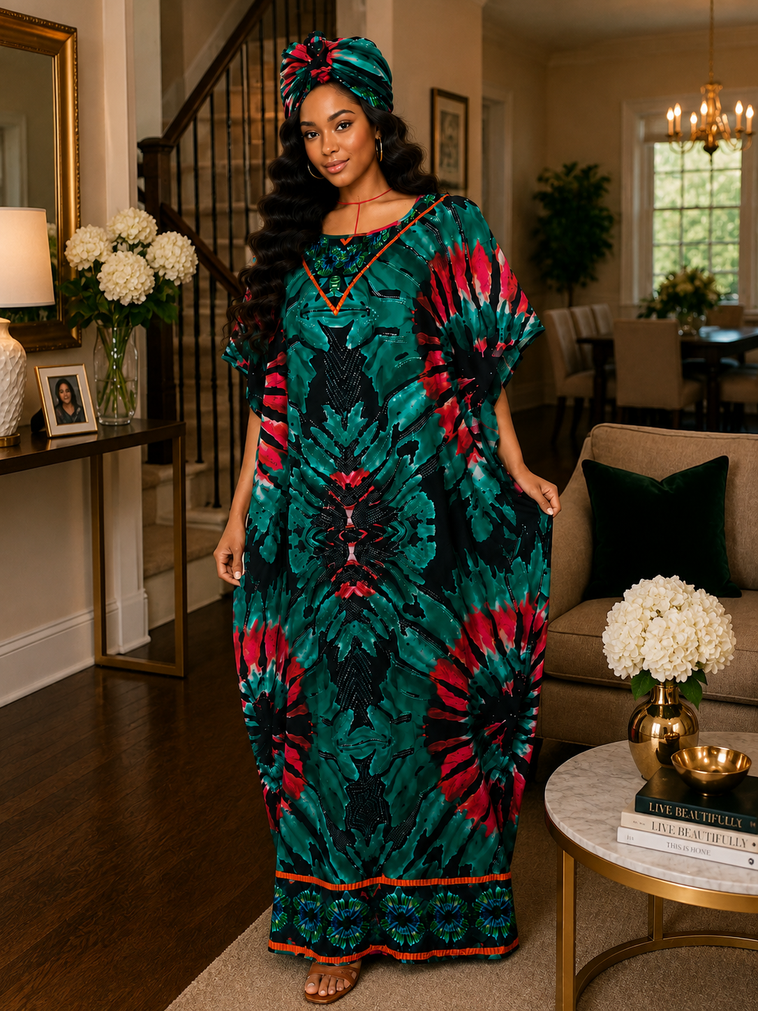 Heritage Flow Lightweight Cotton Maxi Kaftan with Headwrap